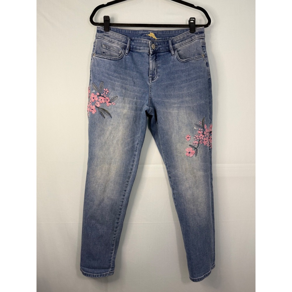Tommy Bahama Slim Boyfriend Jean Women Blue Floral Embroidered Medium Wash Denim
